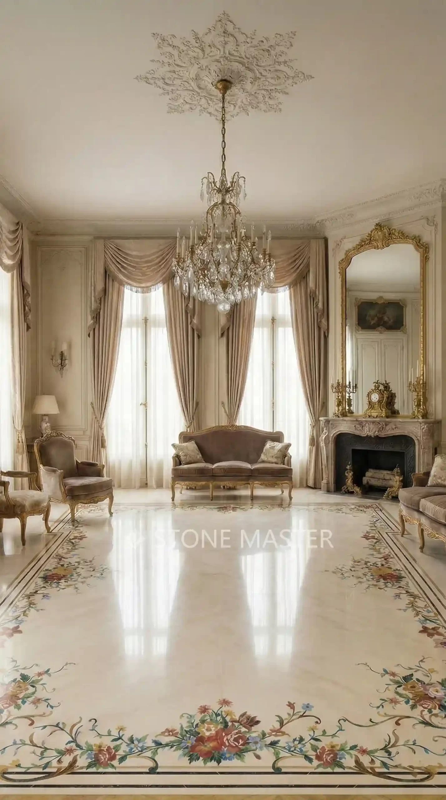 Marble Medallion custom natural stone floor inlay installed in a luxury villa entrance with elegant geometric design