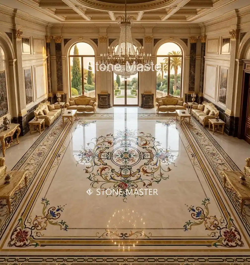 Luxury Home entrance featuring an elegant classical European marble floor medallion design