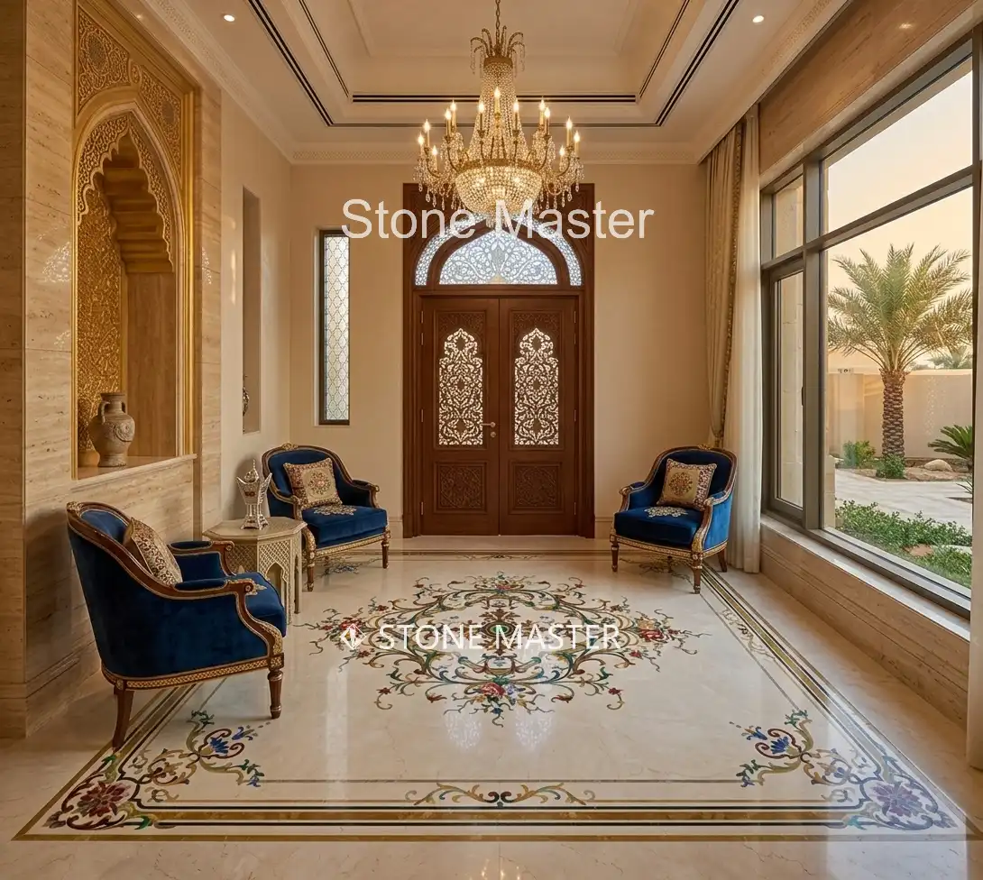 Luxury Home entrance featuring an elegant classical European marble floor medallion design