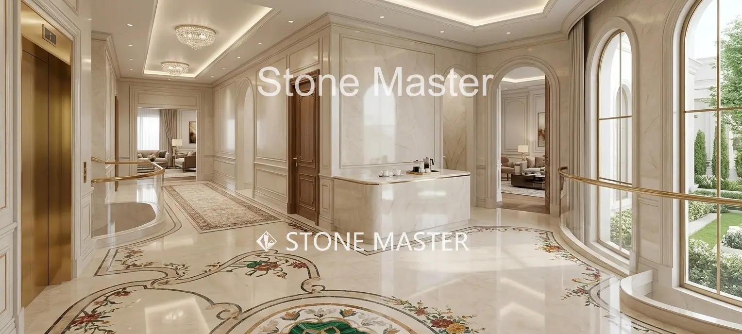 Luxury Home hallway with classical marble inlay borders and coordinated geometric floor patterns