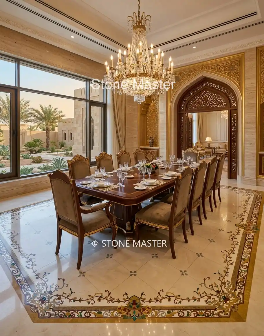 Luxury Home dining area featuring custom marble inlay flooring in warm beige and decorative stone colors