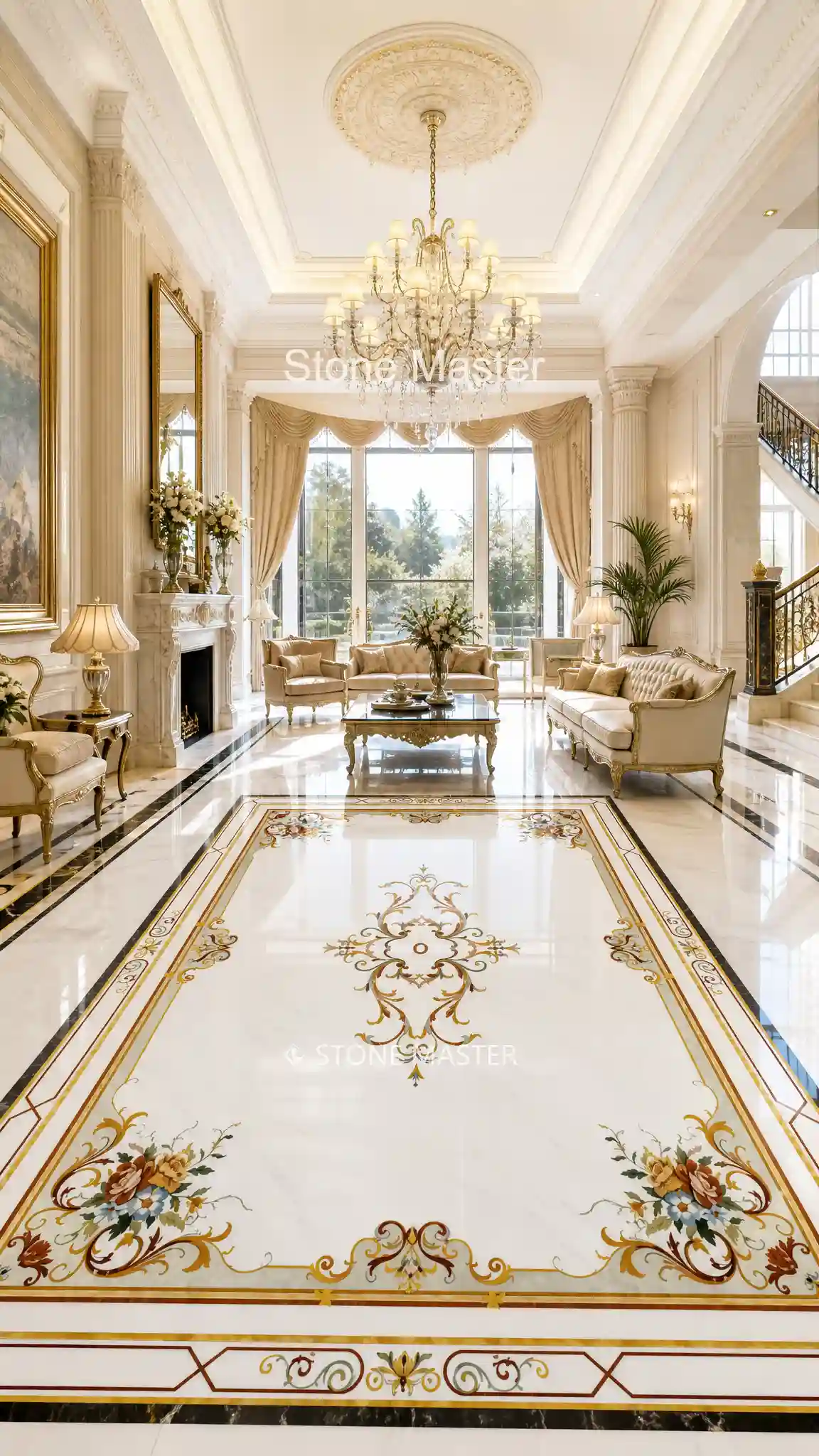 Luxury design featuring custom marble inlay flooring with elegant European floral motifs in a modern luxury villa in New York.