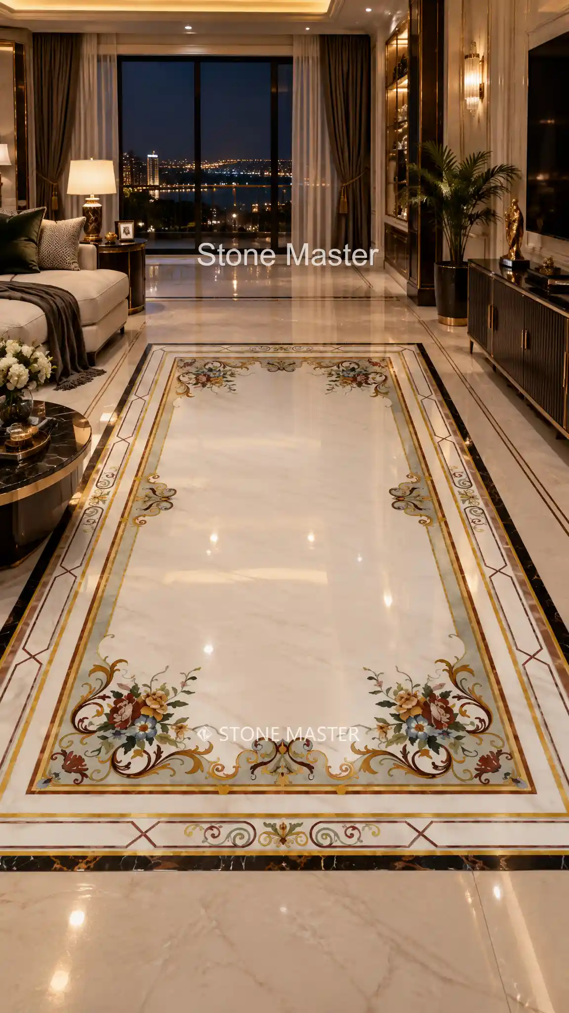 Luxury design featuring custom marble inlay flooring with elegant European floral motifs in a modern luxury villa in New York.