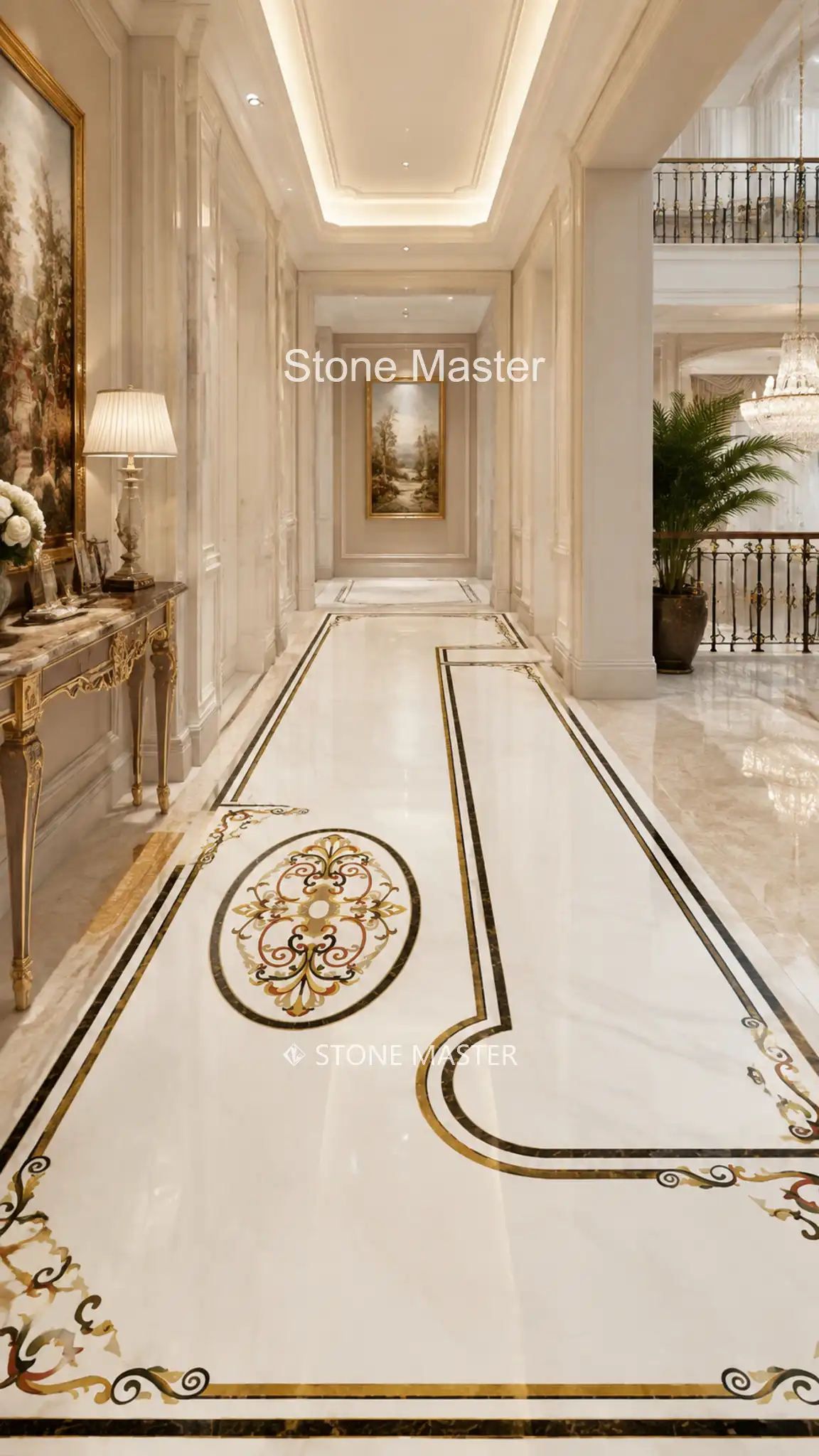 Luxury design featuring custom marble inlay flooring with elegant European floral motifs in a modern luxury villa in New York.