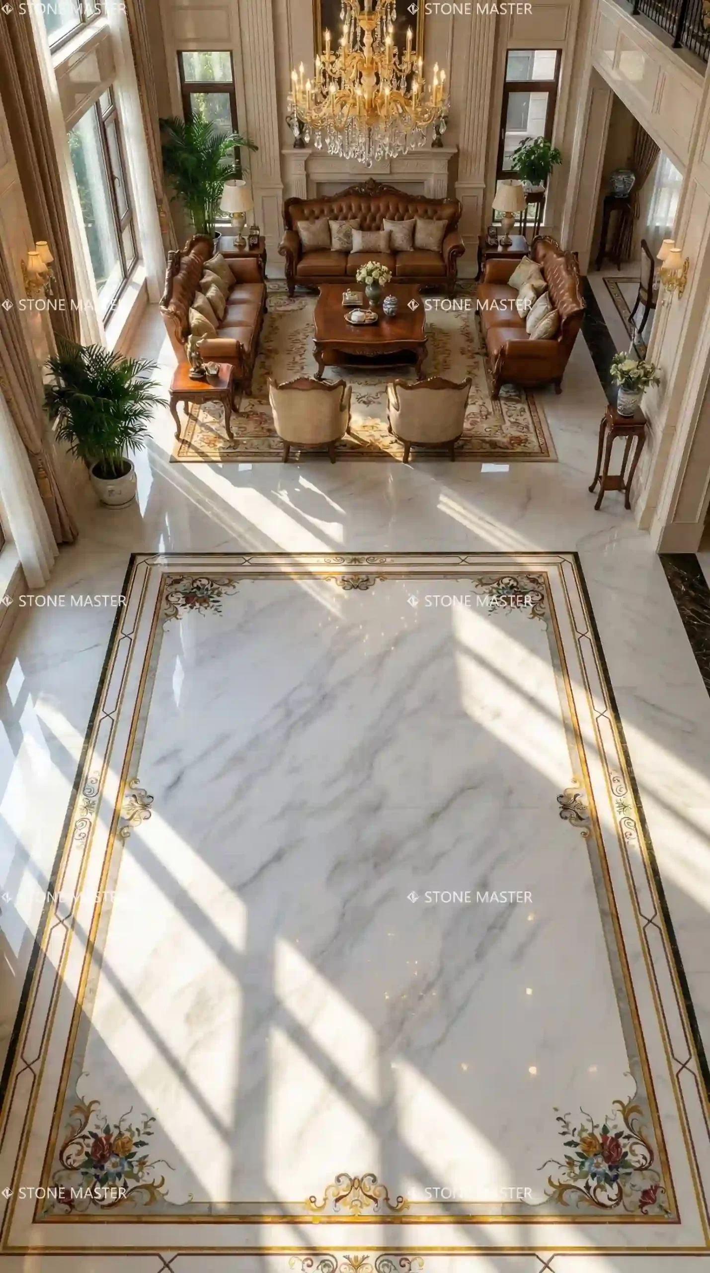 Luxury design featuring custom marble inlay flooring with elegant European floral motifs in a modern luxury villa in New York.