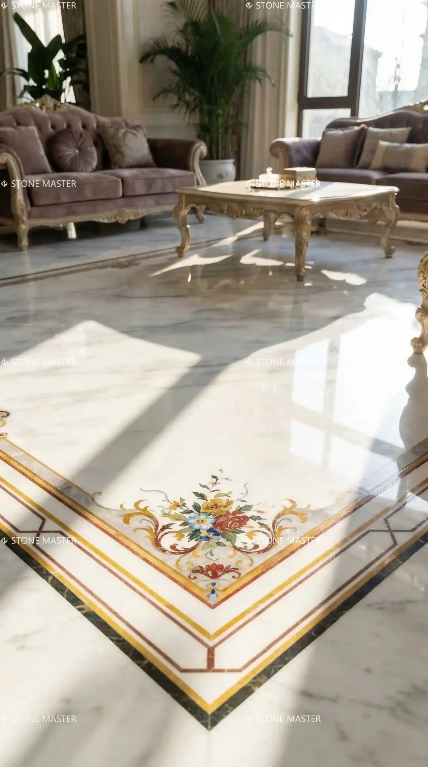 Luxury design featuring custom marble inlay flooring with elegant European floral motifs in a modern luxury villa in New York.